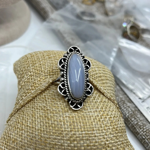 💍 Vintage CII Mexico Sterling Silver Blue Lace Agate Ring - Size 7, 10.5g - Picture 9 of 15